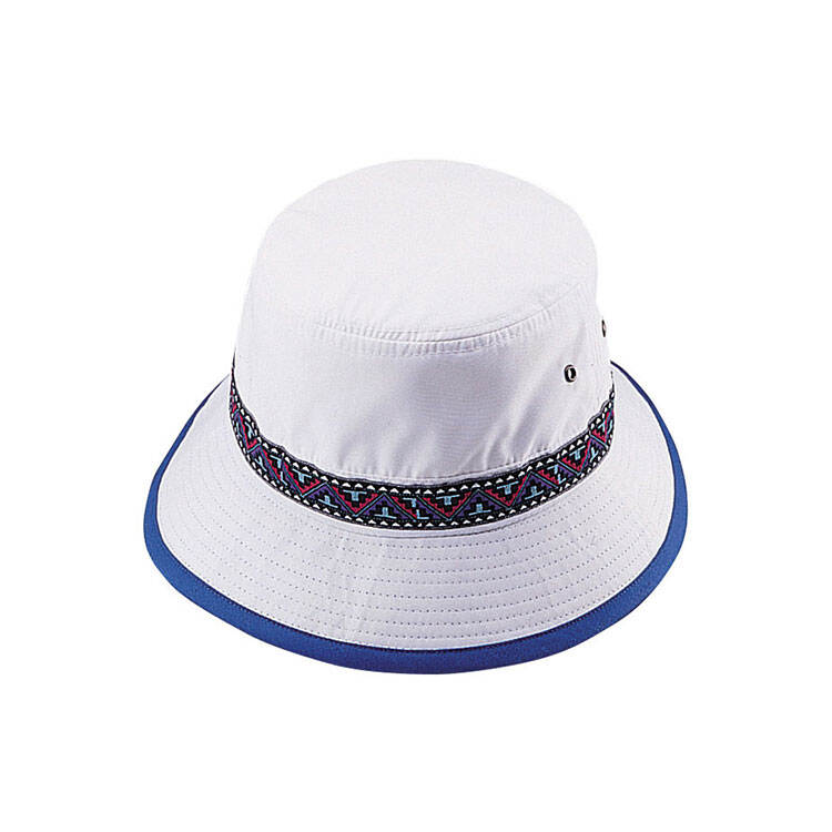 Premium Custom 7873 Tribal Woven Band Bucket Hat with Blue Trim and Ventilation Eyelets White Canvas Outdoor Sun Cap for Travel Festival and Promotional Branding