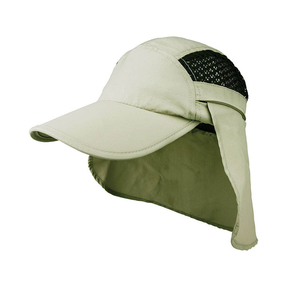 Premium Custom J7258 Outdoor Sun Hat with Detachable Zip-Off Neck Flap Hidden Side Pocket Breathable Mesh Panels Wide Brim UV Protection Cap for Hiking Fishing Safari and Promotional Branding