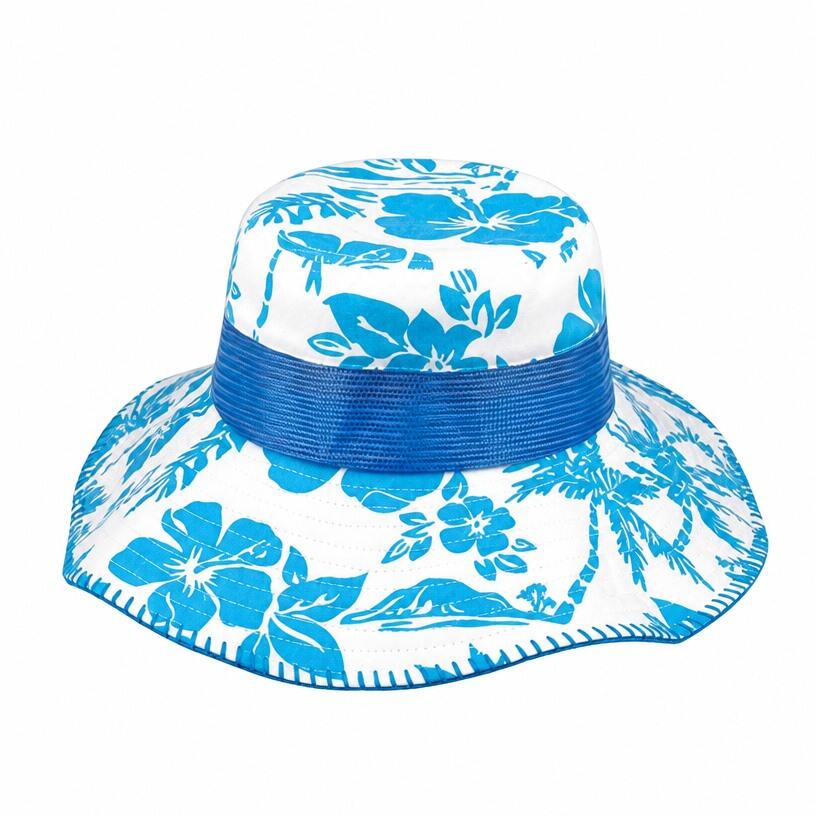 Premium Custom 7905B Hawaiian Print Bucket Hat with Contrast Mesh Band and Overcast Stitch Edge Wide Floppy Brim Tropical Outdoor Sun Cap for Beach Travel and Promotional Branding