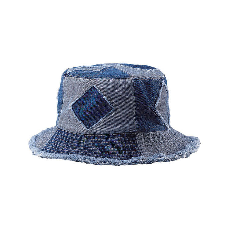 Premium Custom 7890Y Patchwork Denim Bucket Hat with Diamond Patches and Frayed Edges Multi-Wash Color-Block Outdoor Fashion Cap for Street Wear and Promotional Branding