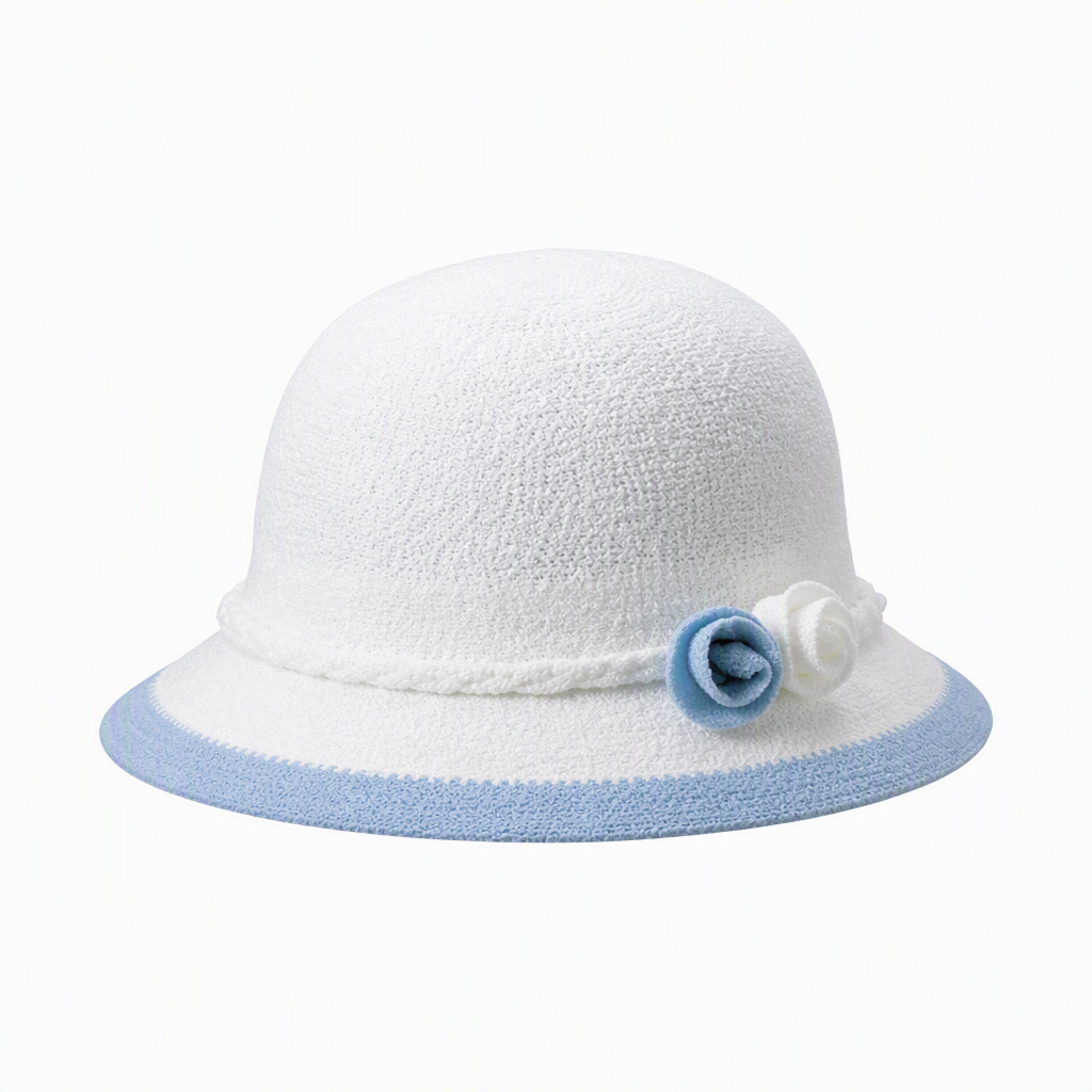 Premium Custom 2513 Kids Knit Sun Hat with Rose Accents Six Colorways White Body Color Trim Brim Twin Fabric Roses Braided Band Baby Toddler Summer Sun Hat for Outdoor Play and Promotional Branding
