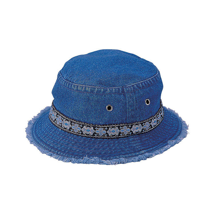 Premium Custom 7871Y Denim Bucket Hat with Mandala Embroidery Band and Heavy Frayed Edge Silver Grommets Outdoor Fashion Cap for Street Wear and Promotional Branding