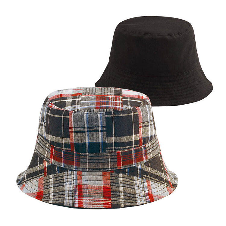 Premium Custom 6571Y Reversible Patchwork Plaid Bucket Hat Three Colorways Madras Plaid and Solid Two-Way Wear Metal Eyelet Cotton Outdoor Summer Sun Hat for Casual Wear Travel and Promotional Branding