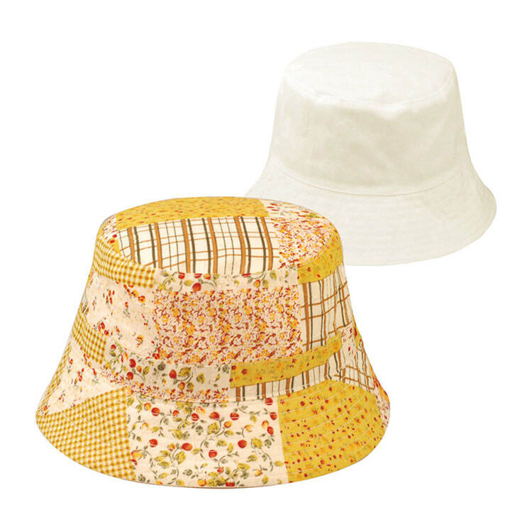 Premium Custom 6574Y Patchwork Bucket Hat Two Colorways Multi-Fabric Gingham Floral and Stripe Patchwork Crown Stitched Brim Cotton Outdoor Summer Sun Hat for Casual Wear Travel and Promotional Branding