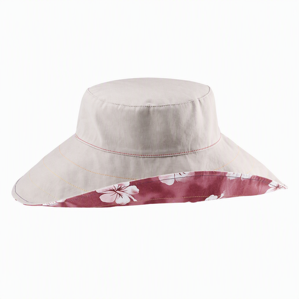 Premium Custom 6502 Flip-Brim Hibiscus-Print Sun Hat Two Colorways Solid Crown Wide Brim Reversible Look Tropical Floral Lining Outdoor Summer Sun Hat for Beach Travel and Promotional Branding