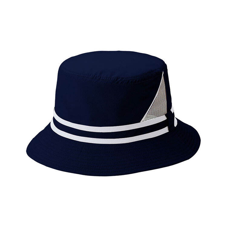 Premium Custom 7820 Navy Bucket Hat with Double White Stripes and Triangular Mesh Vent Breathable Synthetic Outdoor Sun Cap for Travel Summer and Promotional Branding