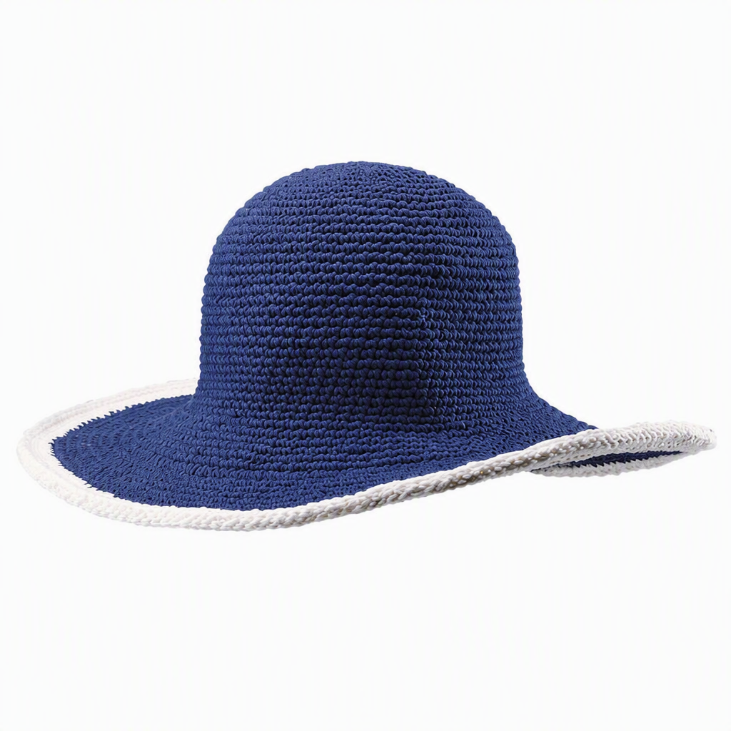 Premium Custom 2806 Crochet Wide-Brim Hat with White Trim Six Colorways Contrast Crocheted Border Deep Crown Artisanal Yarn Outdoor Summer Sun Hat for Casual Wear Travel and Promotional Branding
