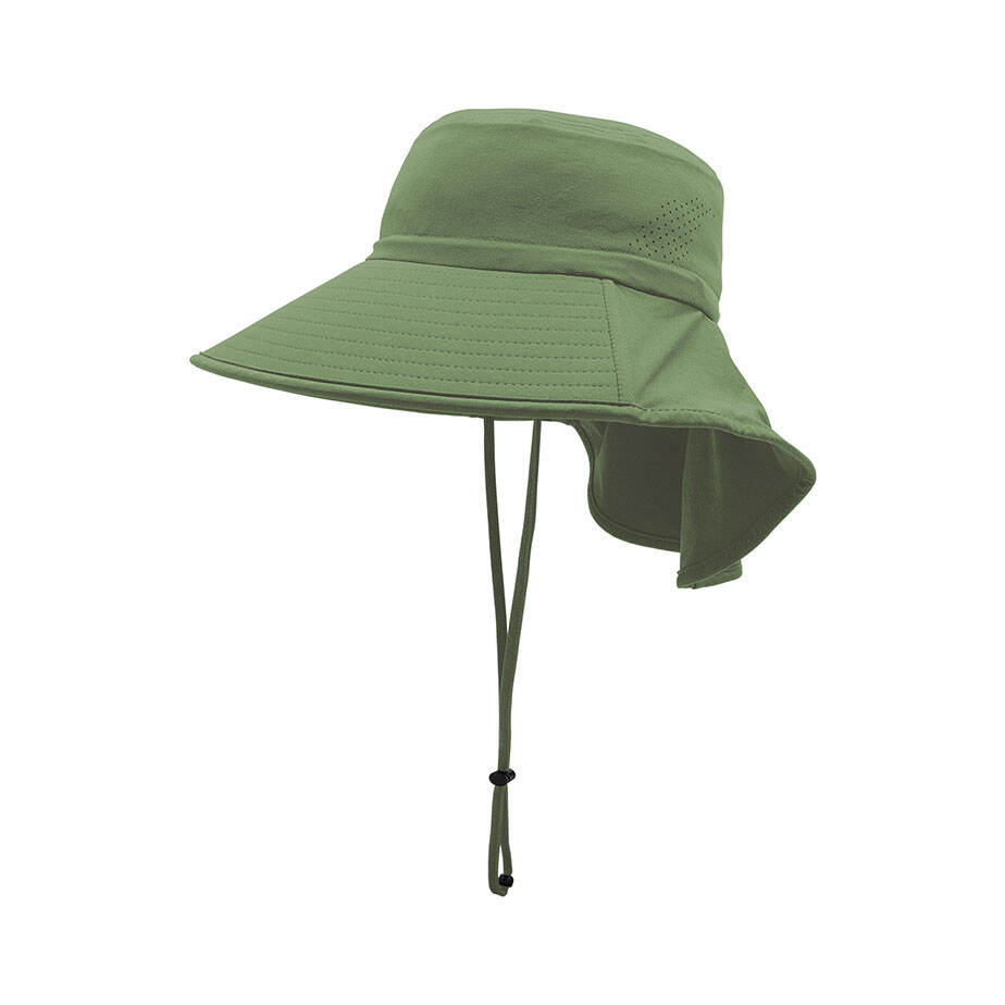Premium Custom J7273 Wide-Brim Sun Hat with Neck Flap and Ponytail Opening Laser-Cut Ventilation Adjustable Chin Cord UV Protection Outdoor Cap for Hiking Fishing and Promotional Branding