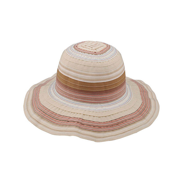 Premium Custom 8203 Striped Floppy Sun Hat with Concentric Band Construction Wide Wavy Brim Pleated Fabric Outdoor Fashion Cap for Beach Garden Travel and Promotional Branding