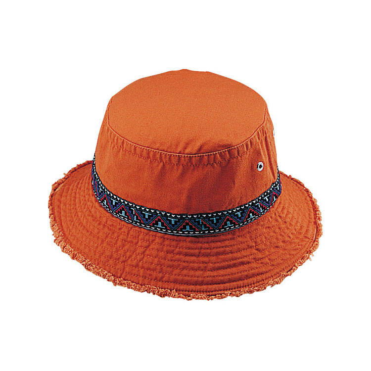Premium Custom Burnt Orange Bucket Hat with Turquoise Geometric Woven Band Frayed Edge and Silver Grommets Outdoor Sun Cap for Travel Festival and Promotional Branding