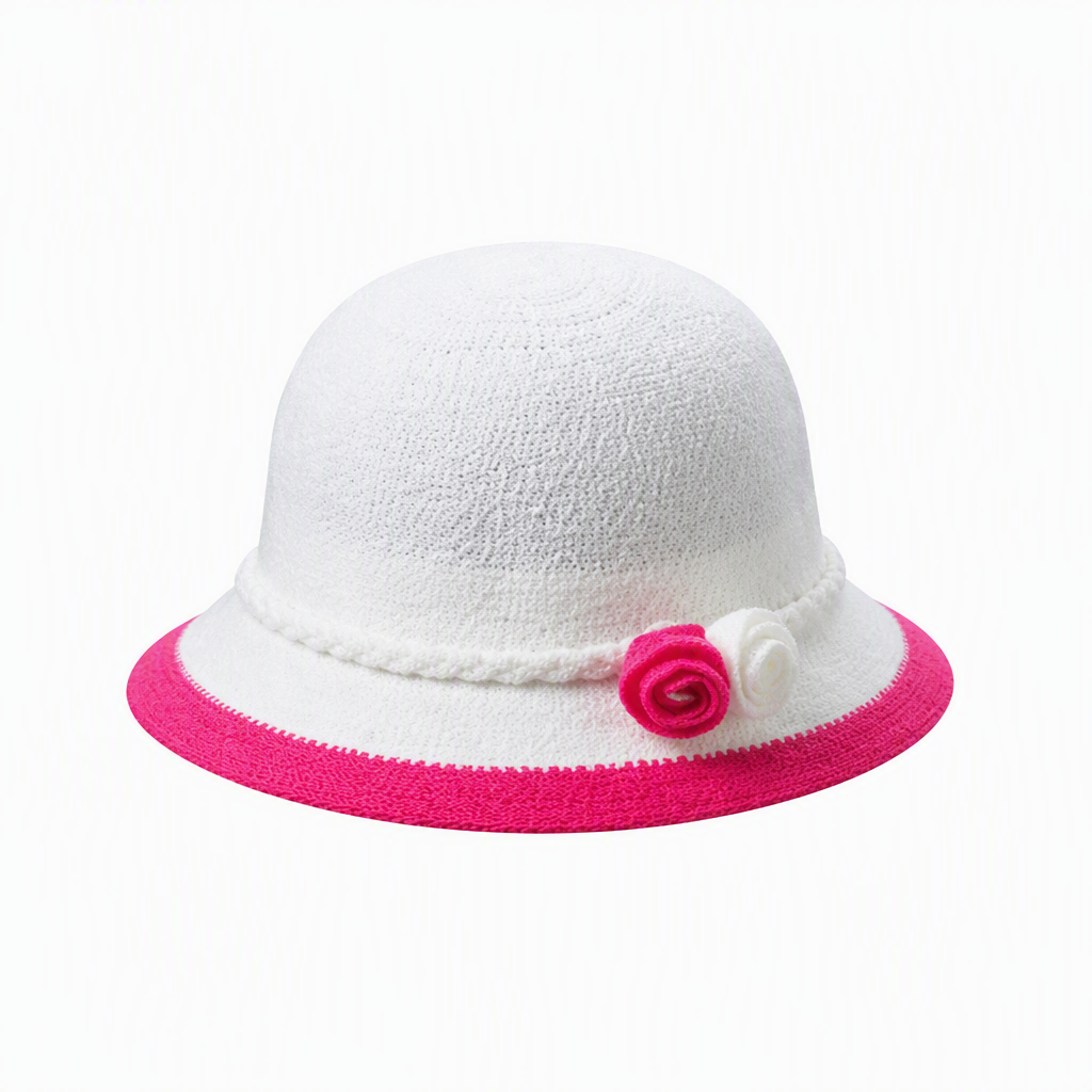 Premium Custom 2513 Kids Knit Sun Hat with Rose Accents Six Colorways White Body Color Trim Brim Twin Fabric Roses Braided Band Baby Toddler Summer Sun Hat for Outdoor Play and Promotional Branding