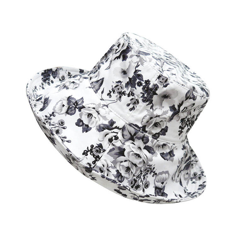 Premium Custom 6580 Floral-Print Wide-Brim Bucket Hat One Colorway Black and White Rose Pattern Floppy Brim Cotton Outdoor Summer Sun Hat for Casual Wear Travel and Promotional Branding
