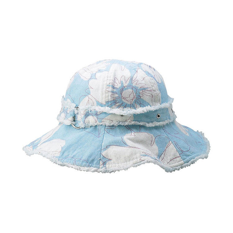 Premium Custom 6541 Frayed Floral Denim Bucket Hat One Colorway Distressed Fringe Trim Metal Grommets and D-Ring Light-Wash Denim Outdoor Summer Sun Hat for Casual Wear Festival and Promotional Branding