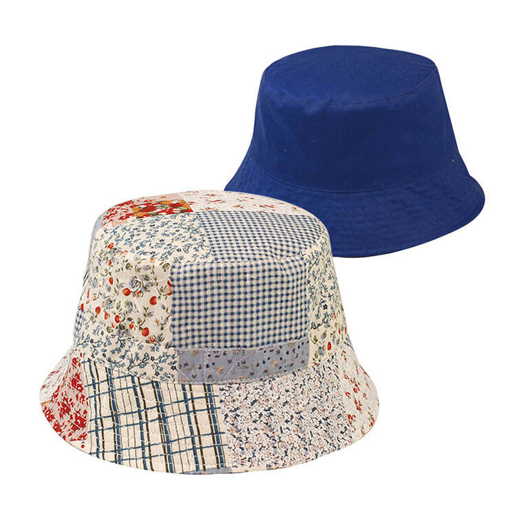 Premium Custom 6574Y Patchwork Bucket Hat Two Colorways Multi-Fabric Gingham Floral and Stripe Patchwork Crown Stitched Brim Cotton Outdoor Summer Sun Hat for Casual Wear Travel and Promotional Branding