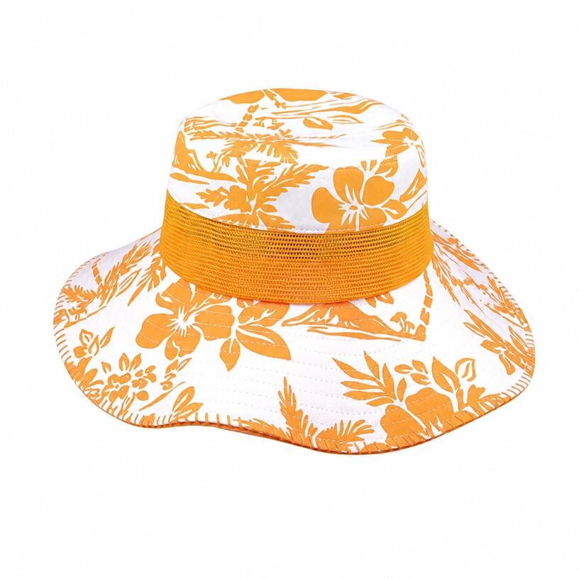 Premium Custom 7905B Hawaiian Print Bucket Hat with Contrast Mesh Band and Overcast Stitch Edge Wide Floppy Brim Tropical Outdoor Sun Cap for Beach Travel and Promotional Branding