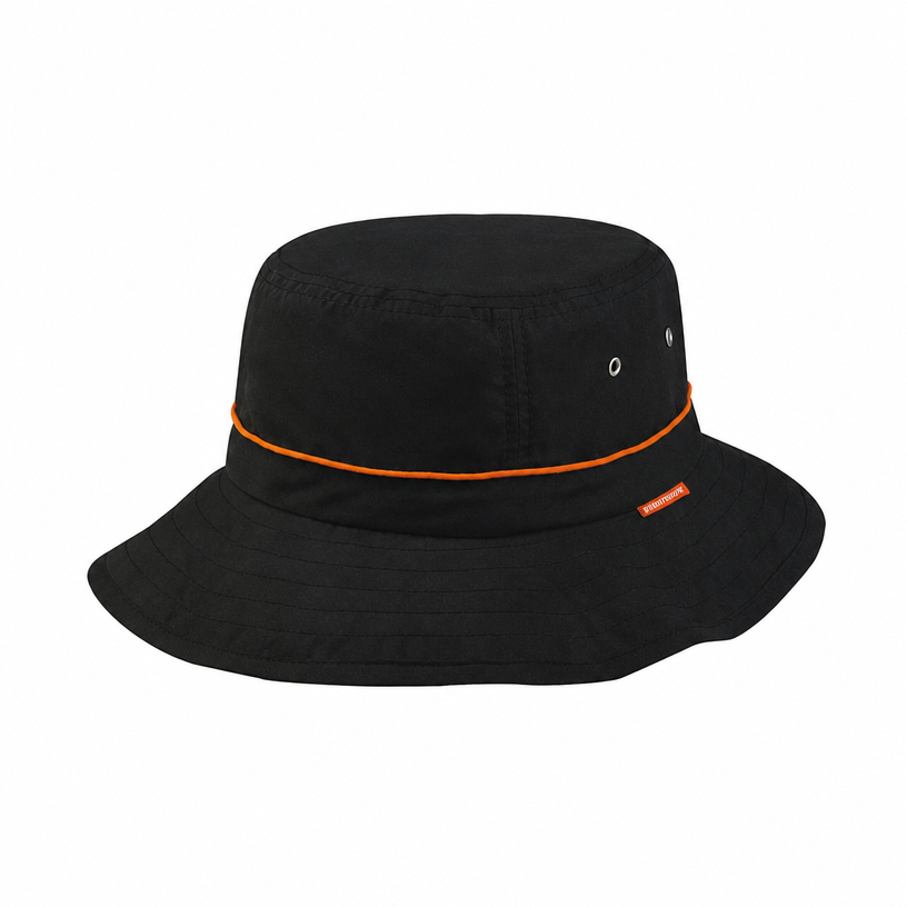 Premium Custom Bucket Hat with Orange Accent Cord and Juniper Woven Label Breathable Wide Brim Outdoor Sun Cap with Ventilation Grommets for Hiking Travel and Promotional Branding
