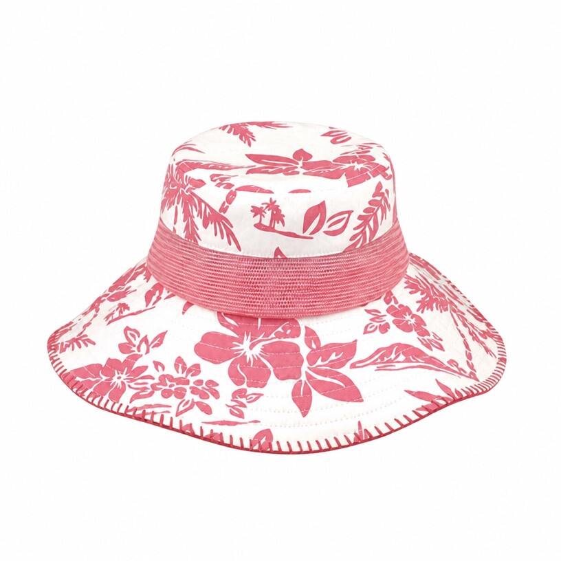 Premium Custom 7905B Hawaiian Print Bucket Hat with Contrast Mesh Band and Overcast Stitch Edge Wide Floppy Brim Tropical Outdoor Sun Cap for Beach Travel and Promotional Branding