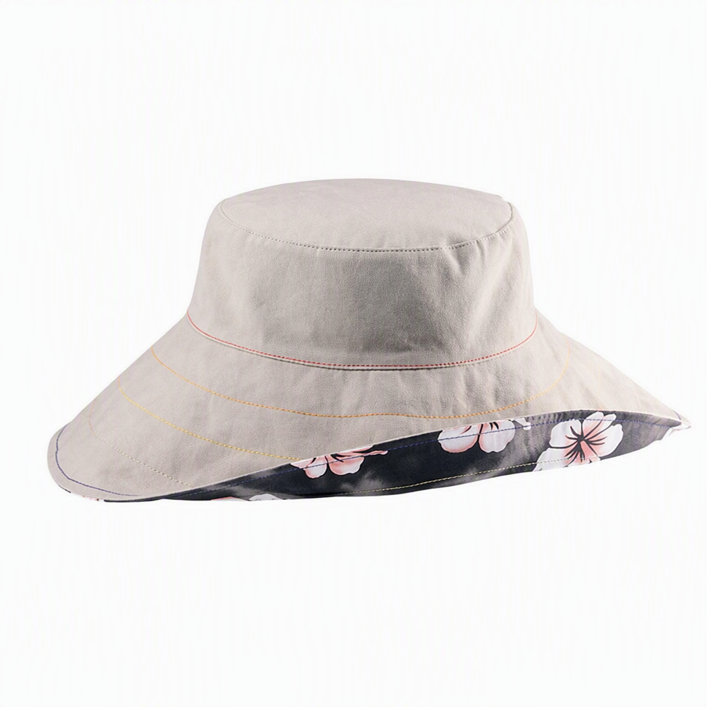 Premium Custom 6502 Flip-Brim Hibiscus-Print Sun Hat Two Colorways Solid Crown Wide Brim Reversible Look Tropical Floral Lining Outdoor Summer Sun Hat for Beach Travel and Promotional Branding