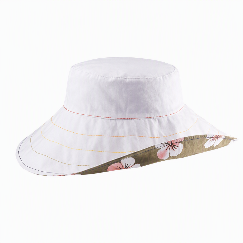 Premium Custom 6502 Flip-Brim Hibiscus-Print Sun Hat Two Colorways Solid Crown Wide Brim Reversible Look Tropical Floral Lining Outdoor Summer Sun Hat for Beach Travel and Promotional Branding