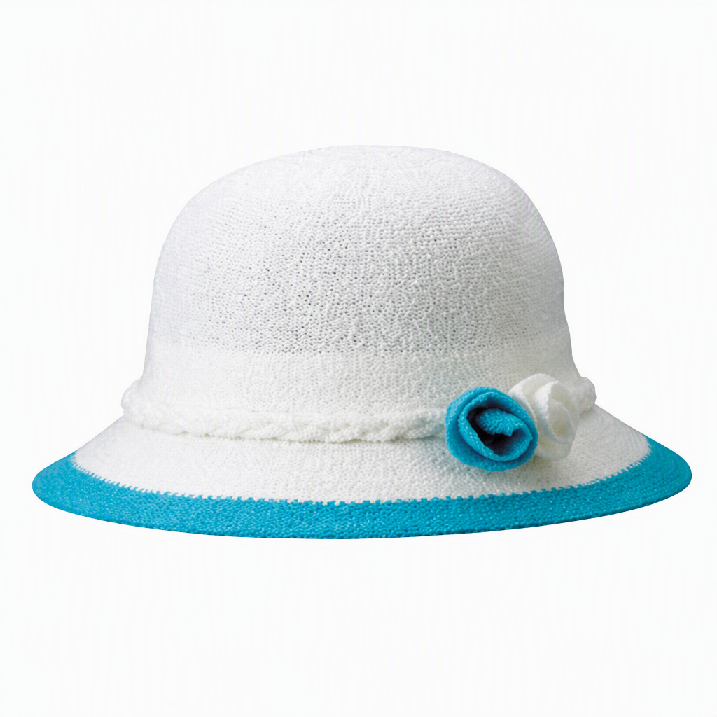 Premium Custom 2513 Kids Knit Sun Hat with Rose Accents Six Colorways White Body Color Trim Brim Twin Fabric Roses Braided Band Baby Toddler Summer Sun Hat for Outdoor Play and Promotional Branding