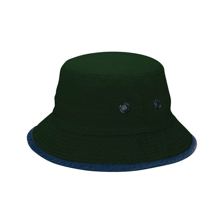 Premium Custom 7821 Forest Green Bucket Hat with Navy Rib-Knit Edge Binding and Mesh-Screen Grommets Cotton Twill Outdoor Sun Cap for Hiking Outdoor Work and Promotional Branding