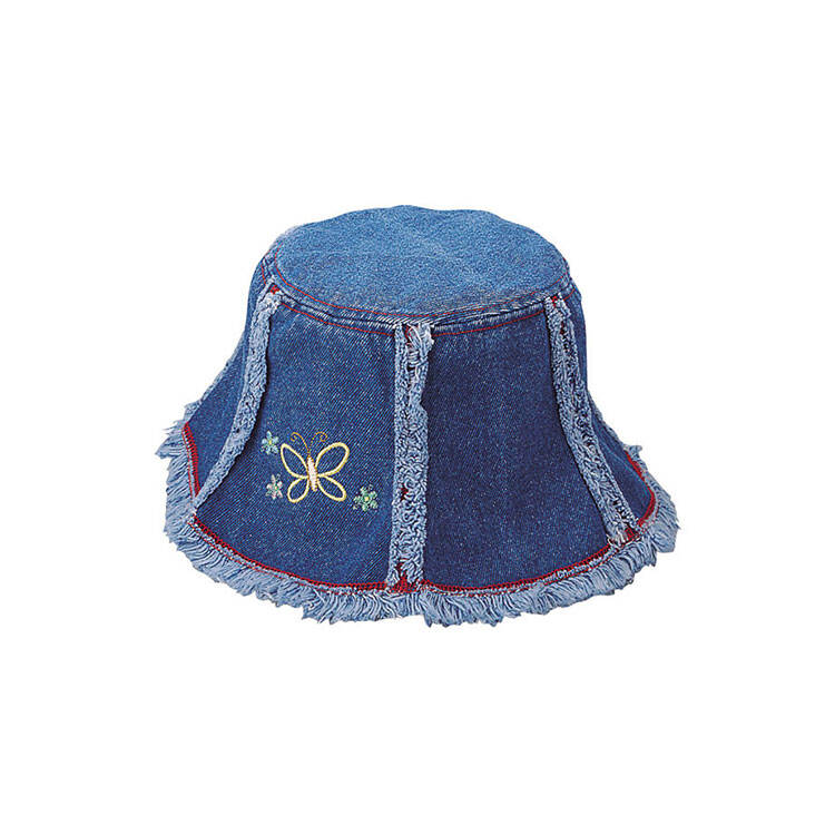 Premium Custom 4505A Butterfly Embroidered Frayed Denim Bucket Hat One Colorway Merry Christmas Holiday Stitch Detail Heavy Fringe Trim Medium Denim Outdoor Casual Sun Hat for Festive Wear and Promotional Branding