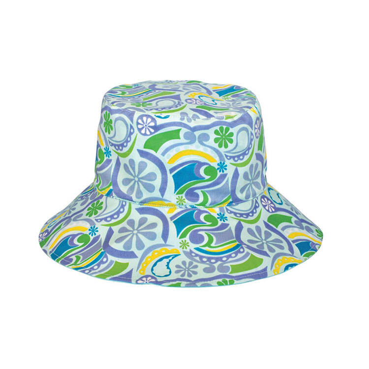 Premium Custom 6556 Retro Psychedelic Print Bucket Hat Two Colorways Paisley Floral Abstract Pattern Wide Brim Cotton Outdoor Summer Sun Hat for Casual Wear Festival Travel and Promotional Branding