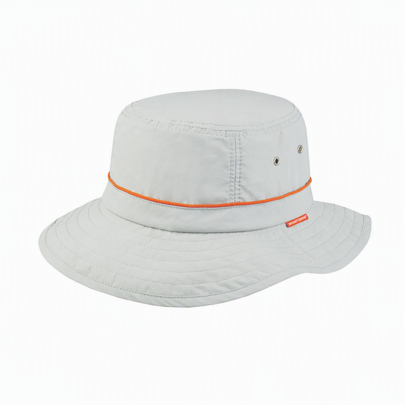 Premium Custom Bucket Hat with Orange Accent Cord and Juniper Woven Label Breathable Wide Brim Outdoor Sun Cap with Ventilation Grommets for Hiking Travel and Promotional Branding