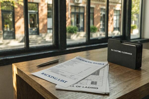 EU Customs Clearance Documents Shipping documents on a desk