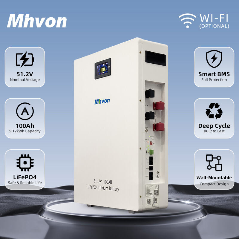 ชุดแบตเตอรี่ลิเธียมเหล็กฟอสเฟต (LiFePO4) แบบติดผนัง 51.2V 100Ah 5kWh พร้อมระบบจัดการแบตเตอรี่ในตัว (BMS) สำหรับระบบพลังงานแสงอาทิตย์แบบออฟกริด/กริดไท