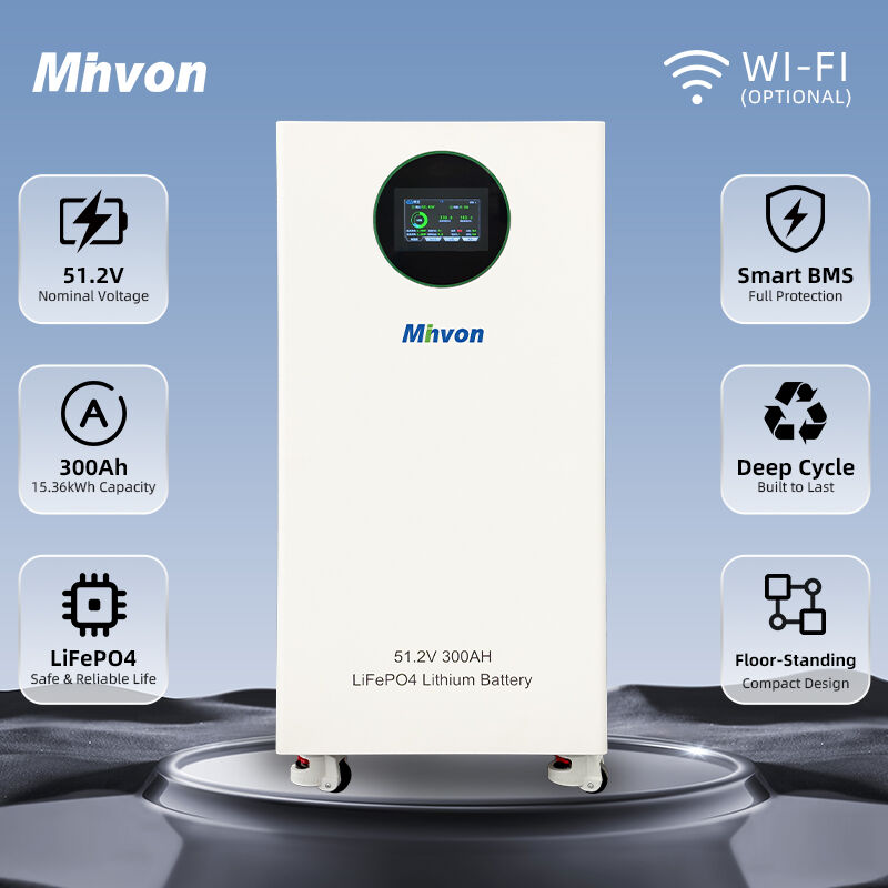 แบตเตอรี่ลิเธียมแบบติดพื้น รุ่น Mhvon ความจุ 15.36 กิโลวัตต์ชั่วโมง แรงดันไฟฟ้า 51.2 โวลต์ ใช้งานได้ 5,000 รอบ สำหรับอินเวอร์เตอร์แบบไฮบริด