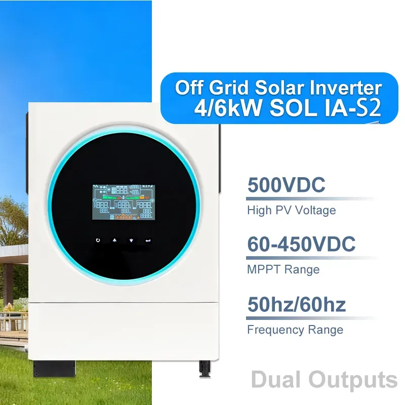 SOL IA4000-S2 / SOL IA6000-S2 24V/48V Off Grid Solar Inverter 4KW 6KW 500V PV Input 27A MPPT Charger 4.3 Inch Touch Screen Pure Sine Wave Solar Power Inverter For Home Off-Grid Energy Storage