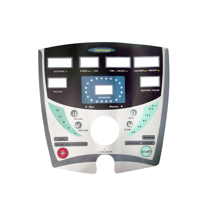 Seirbhís OEM Saincheaptha Salann Foirgnimh Tactile Control Graphic Overlay Treadmill Baile Panel Film Monaróir Méarchruithe Pléiscí