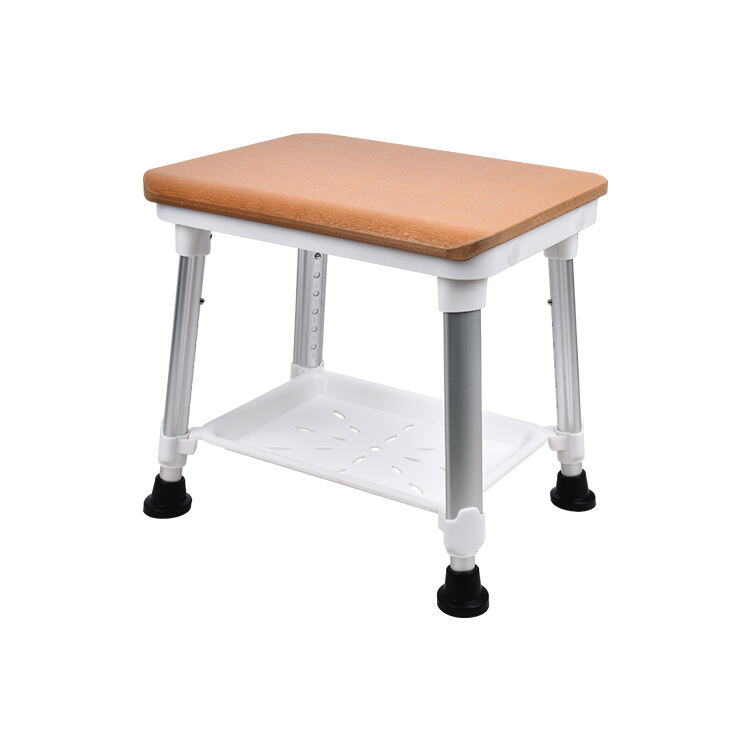 Adjustable Shower Stool with Wood-Like Seat and Storage Tray-KDB796D-B01