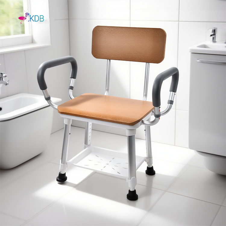 Cadeira de Banho com Assento em Falso Madeira e Bandeja de Armazenamento