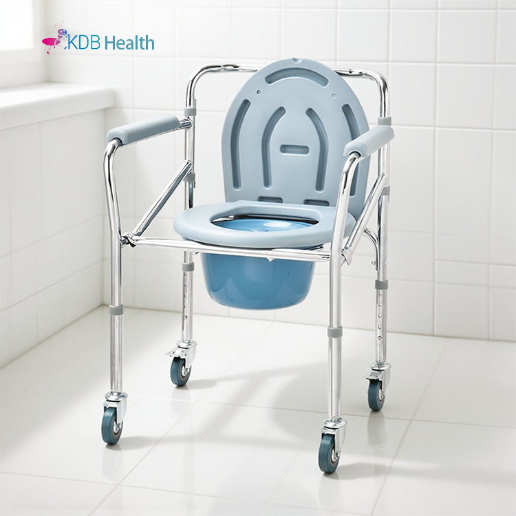 Chrome-Plated Mobile Commode Chair, Adjustable Height
