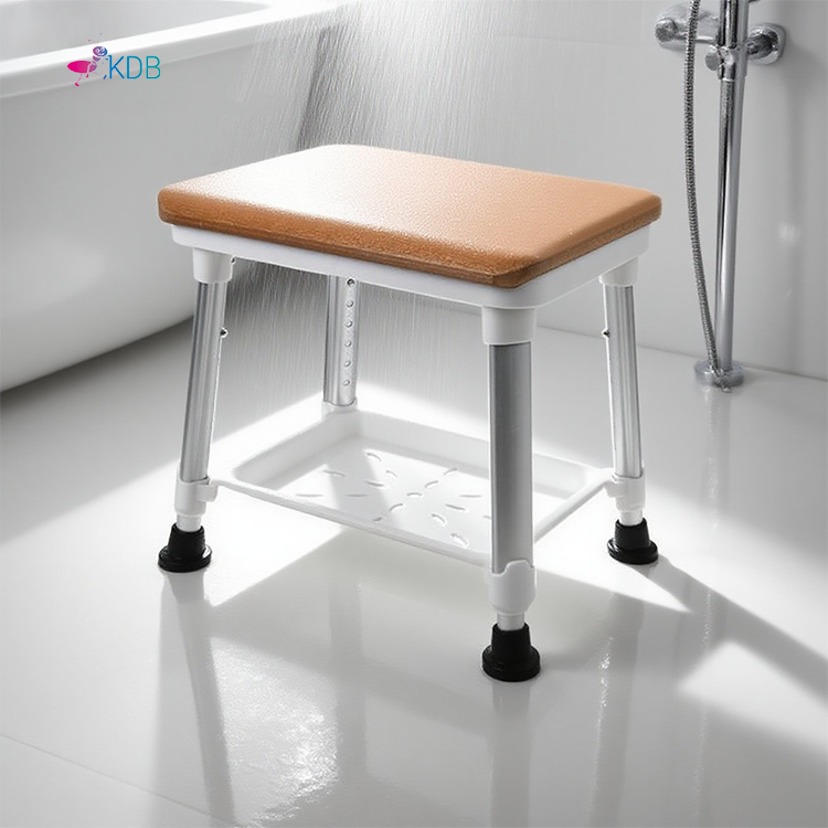 Banqueta de Chuveiro Regulável com Assento em Madeira Sintética e Bandeja de Armazenamento