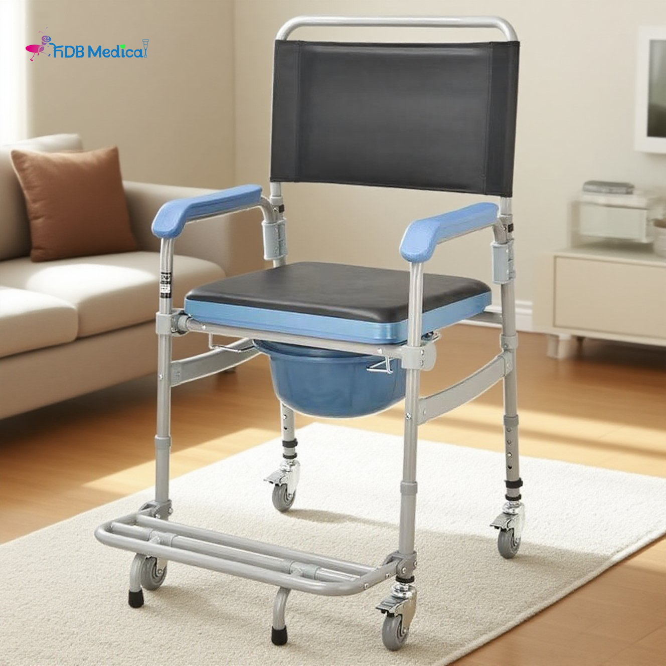 Wheeled Commode Chair with PVC Seat and Locking Casters