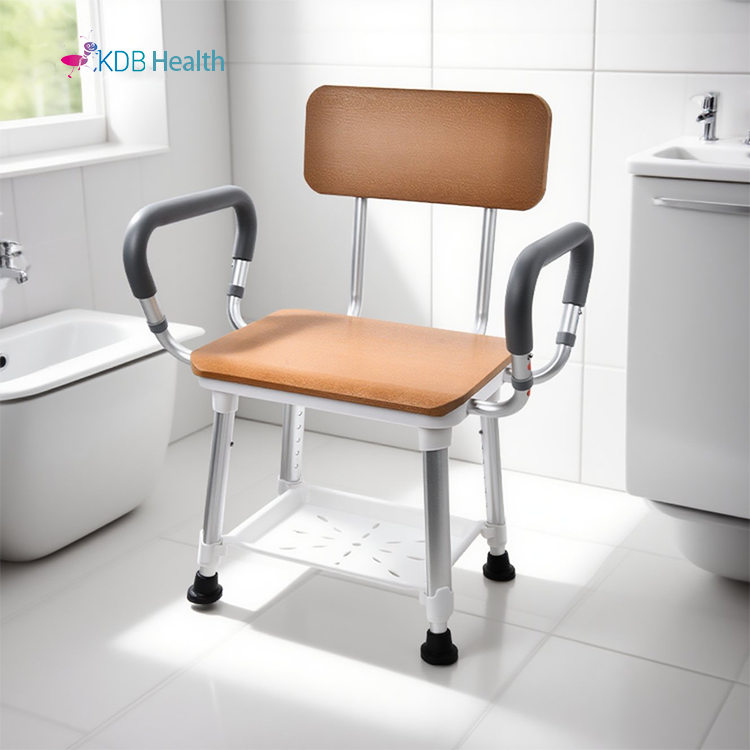 Shower Chair with Faux Wood Seat and Storage Tray