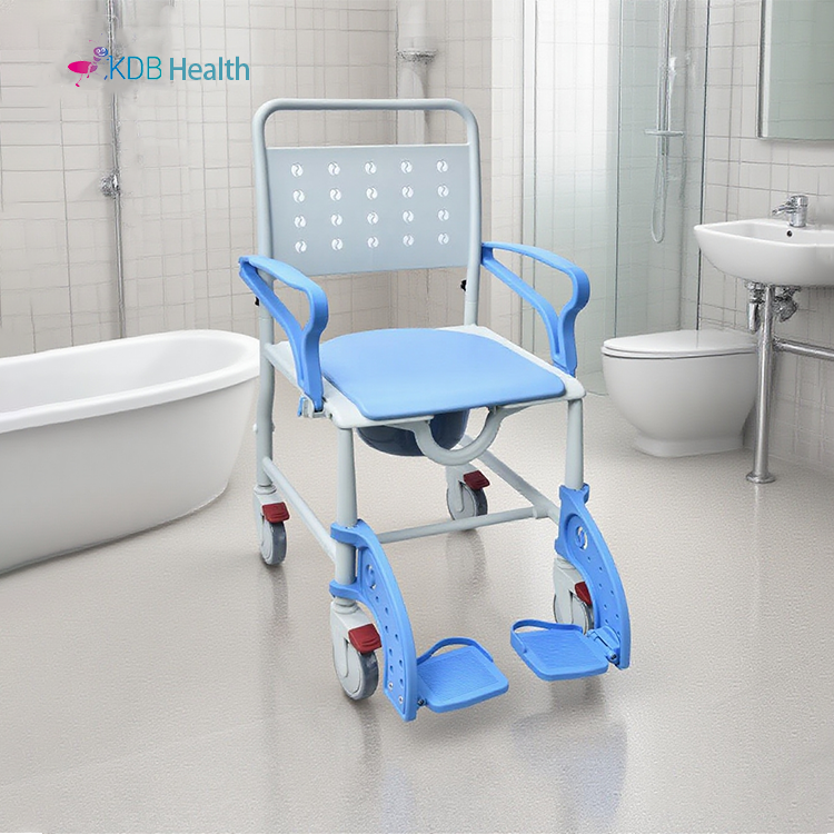 Plastic Commode Chair with PU Cushion and Lockable Castors