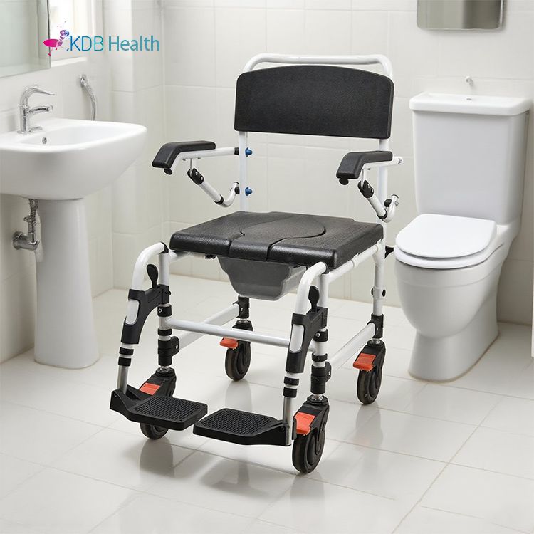 Wheeled Commode Chair with PU Seat and Flip-Up Arms