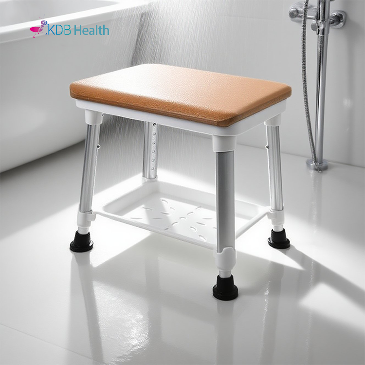 Adjustable Shower Stool with Wood-Like Seat and Storage Tray