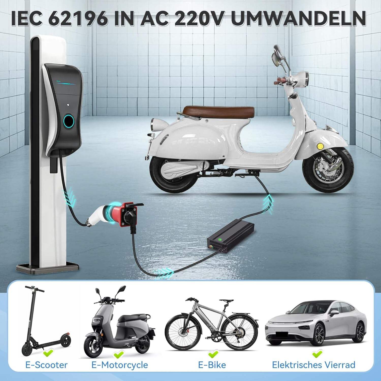 Adaptateur Type 2 vers Schuko, chargeur Type 2 ou station de recharge pour voiture électrique Type 2 vers prise Schuko