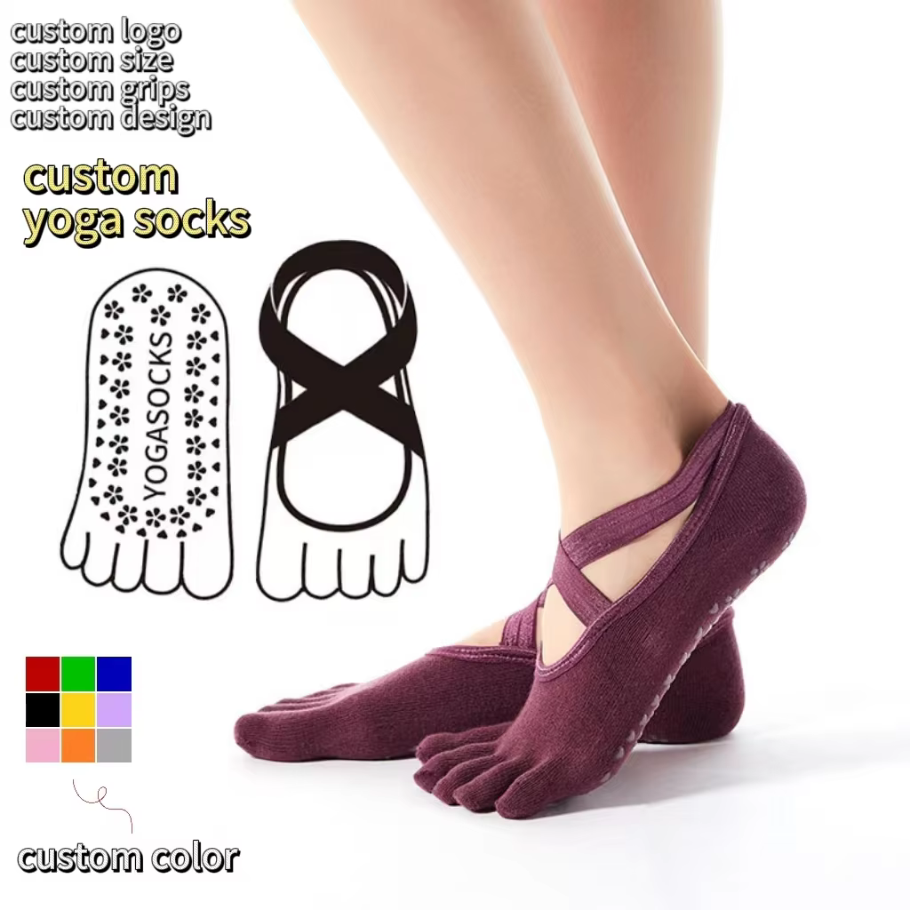 Cross Buckle Yoga Socks Anti slip Adhesive Five Finger Indoor Floor Pilates Socks	