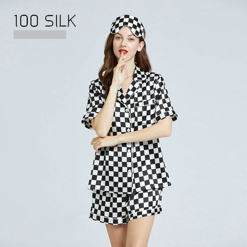 Chessboard pattern print  silk pajamas sets for women xjw154-0347