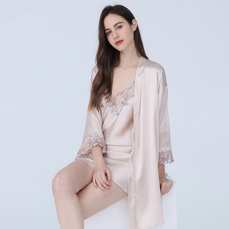 Silk robe with silk slip dress set