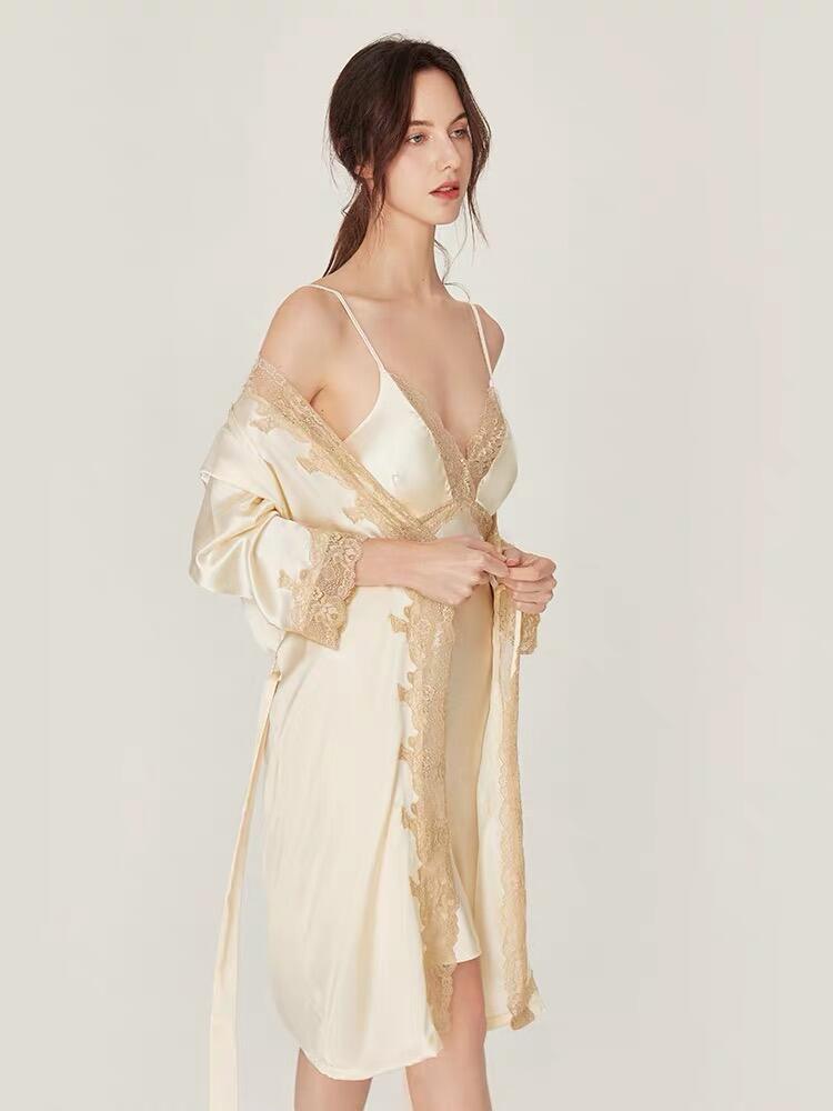 16momme  Silk robe with silk slip dress set