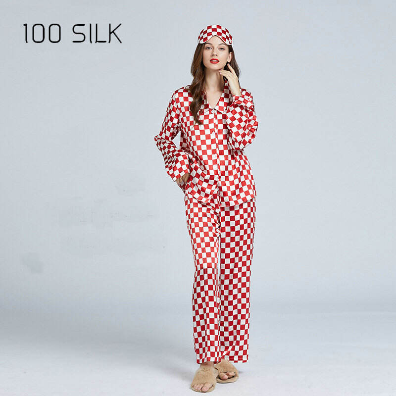 Long sleeve Chessboard pattern print  silk pajamas sets for women MD26-0590