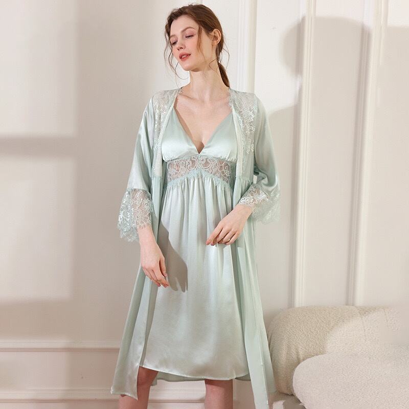 Silk robe with silk slip dress set