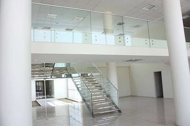 Home stair case balustrade S.S frameless stainless steel standoff glass railing indoor details